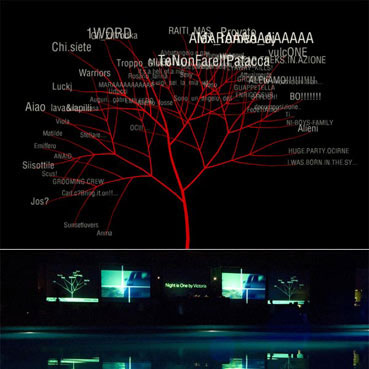 Screenings of the project Oneword, texts growing out of branches.