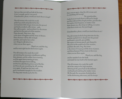Double-page from the book 'Tending the fire' using red decorative border elements on top and bottom with black text-blocks inside