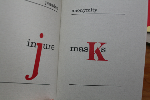 Double page from a booklet, which is showcasing experimental letters, in this case j and k