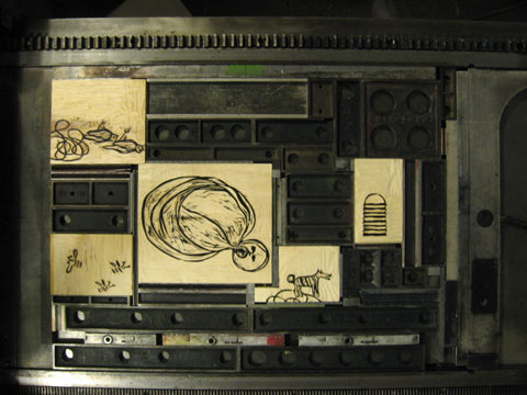 Linden woodblocks with illustrations on press