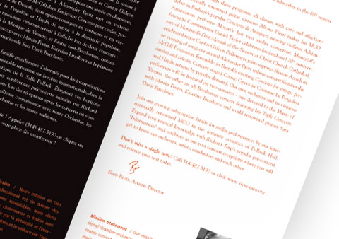 Inside pages with welcome message of the McGill Chamber Orchestra brochure, red and black font color on white