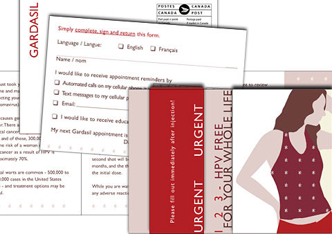 Layout proposition for a Direct Marketing concept showing a computer generated illustration of a young girl using the colors are brown, red and yellow on the Marketing Direct Kit.