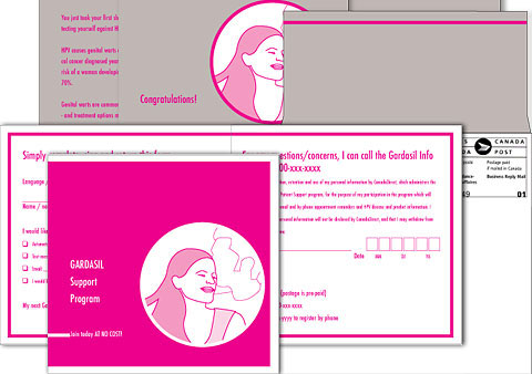 Layout proposition for a Direct Marketing concept showing a computer generated illustration of a young girl using the colors pink, grey and white on the Marketing Direct Kit.