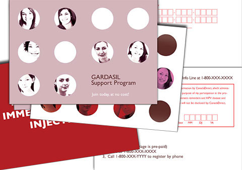 Layout proposition for a Direct Marketing concept showing a computer generated illustration of a young girl using the colors mauve, red and white on the Marketing Direct Kit.