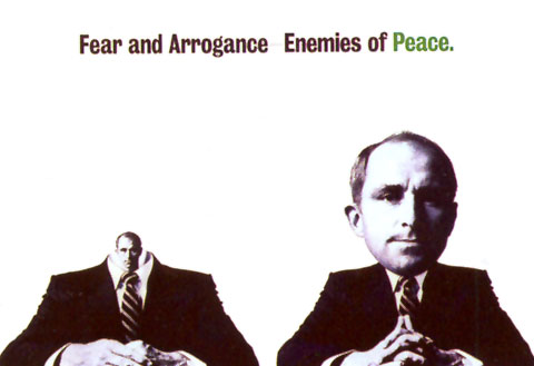 Ad for Peace with 2 individual sitting at a table one with a big head, the other one with a small head.