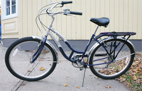 blue and silver cruise bike with yellow Canadian house in the background