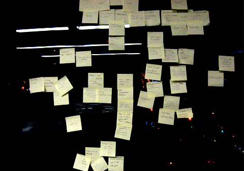 post-its of all class members glued on a glass wall