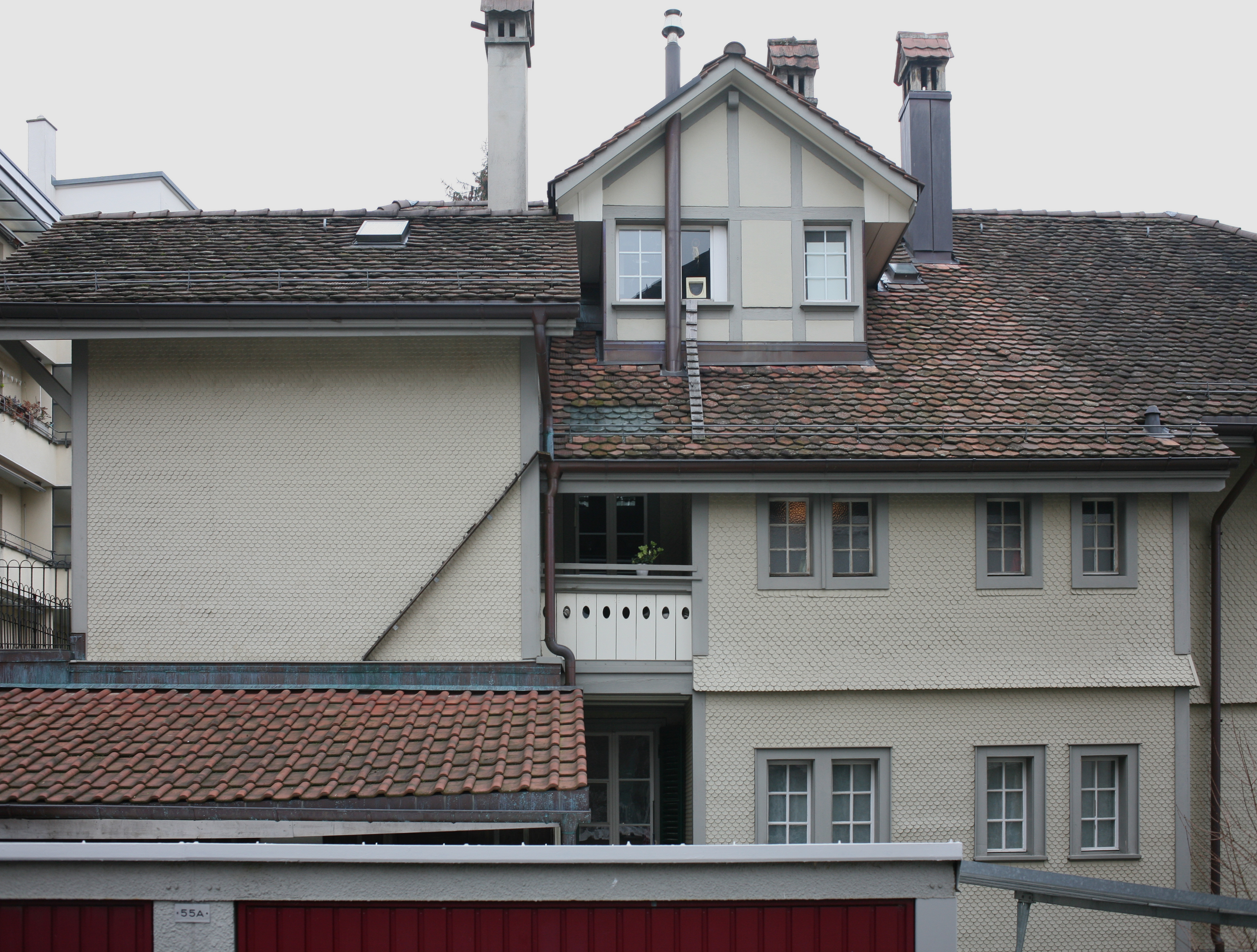 View of several roofs with cat ladders