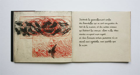 Book page with illustrated bird and text page