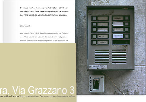 Double-page of the 'Carrara, Via Grazzano Nr. 3' book and a part of the front cover