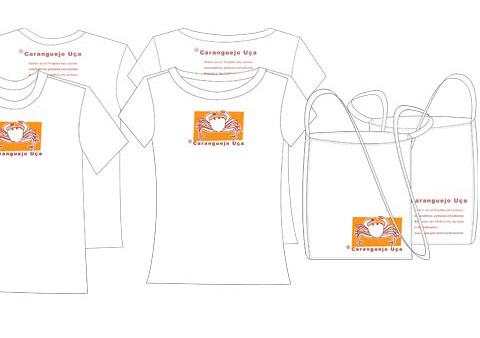 Back and front of t-shirts and fabric bags containing the logo and text of 'Caranguejo Uca'.