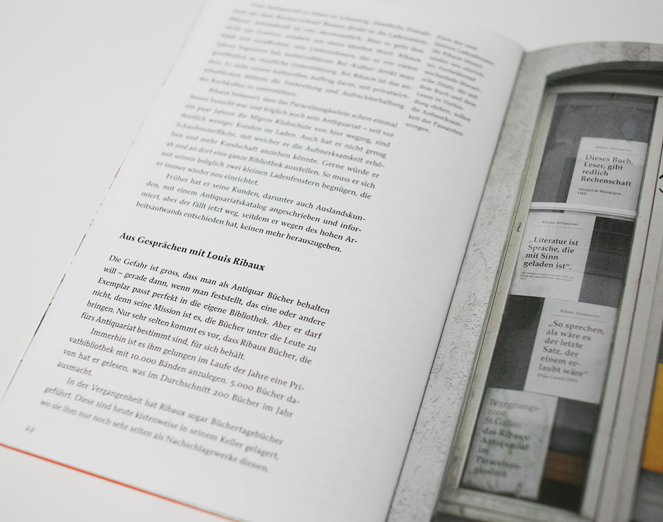 open spread of book containing text and an image with a window