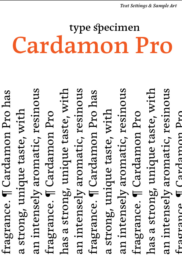 Cover page from Cardamon type specimen featuring the characteristics of the Cardamon typeface family