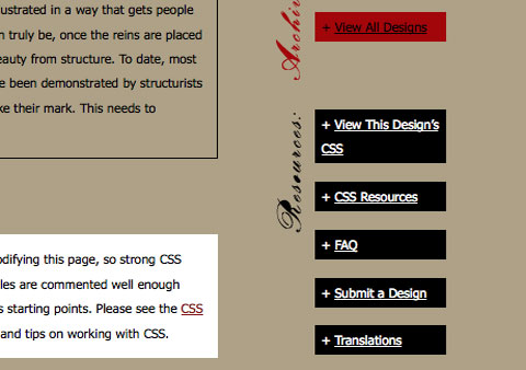 Menu screenshoot of the project 'pigeon-thoughts design' for the  'CSS zengarden contest'